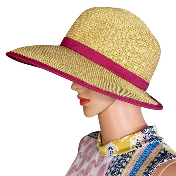 Sun N Sand Wide Brim Straw Hat w Fuchsia Trim UPF 50+ Protection Summer Must - Picture 3 of 8